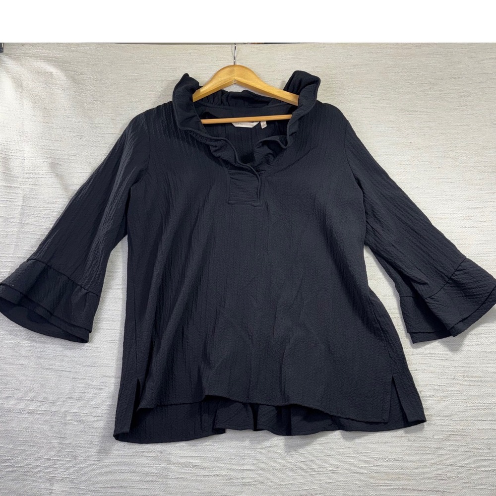 Soft Surroundings Black Textured Gauze Bendable Ruffle Neck Bell Sleeve Top M